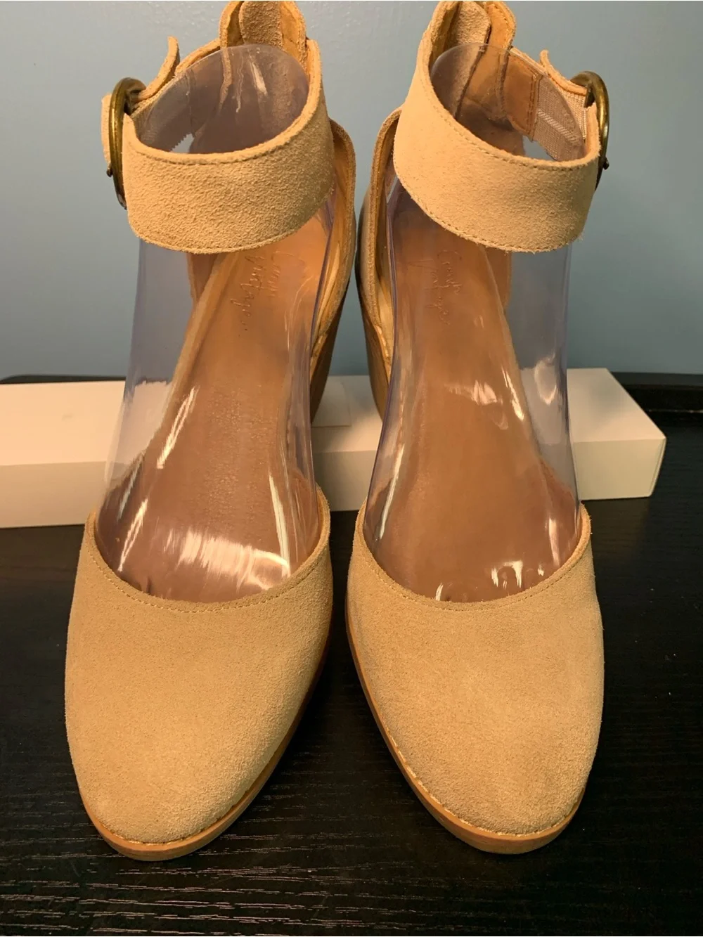 Crown Vintage Beige Suede Ankle-Strap Pumps